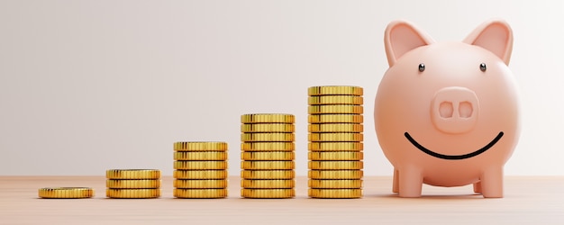 Monedas de oro apiladas con sonrisa guarra rosa ahorrando dinero en la mesa de madera para la banca de depósito y el concepto de crecimiento de dividendos de ganancias comerciales por render 3d.