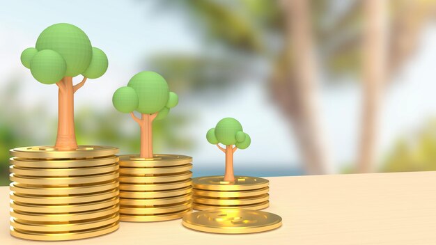 Las monedas de oro y el árbol para la representación 3d del concepto de negocio