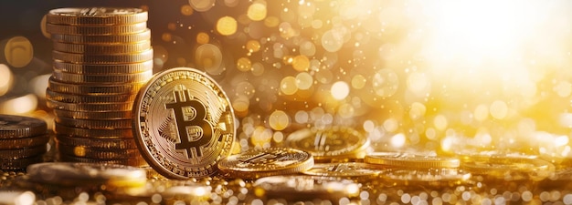 Monedas de oro de Bitcoin apiladas con un fondo borroso