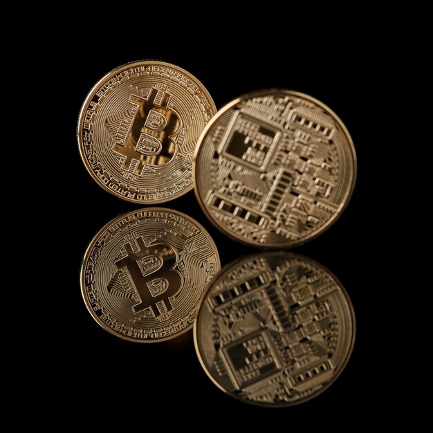 Monedas de oro Bitcoin de cara y espalda aisladas. Imagen conceptual para el mercado de divisas criptográficas