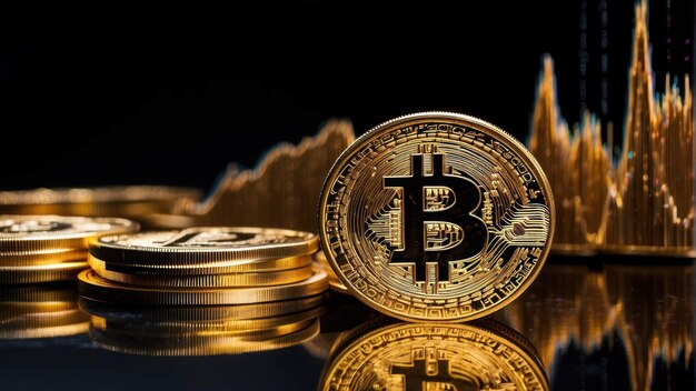 Monedas de oro de Bitcoin en un fondo oscuro