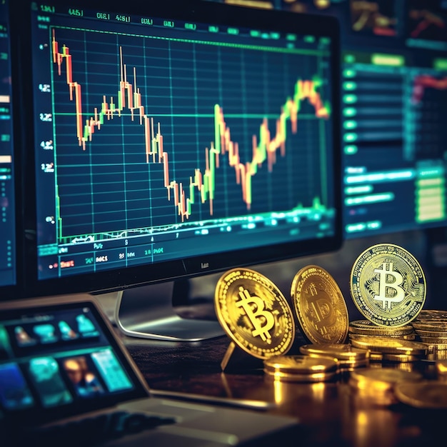 Monedas de oro de Bitcoin y gráfico comercial en el monitor de escritorio de una computadora portátil