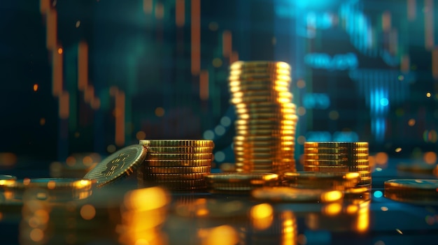 Monedas de oro de Bitcoin con gráficos financieros