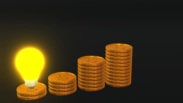 Monedas de oro con bombilla 3D renderring