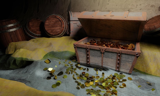 Monedas de oro y cofres de tesoro antiguos hechos de paneles de madera reforzados con metal de oro y alfileres de oro Cajas de tesoro colocadas en la arena en una cueva o cofres del tesoro bajo el agua Rendering 3D