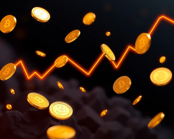 Monedas de oro de criptomoneda cayendo líneas naranjas volatilidad de criptomonedas