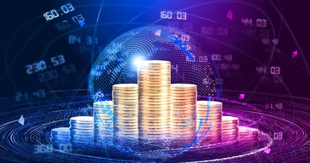 Monedas de oro cuidadosamente apiladas pixel globe y datos internet fintech concepto de comercio de mercado de valores