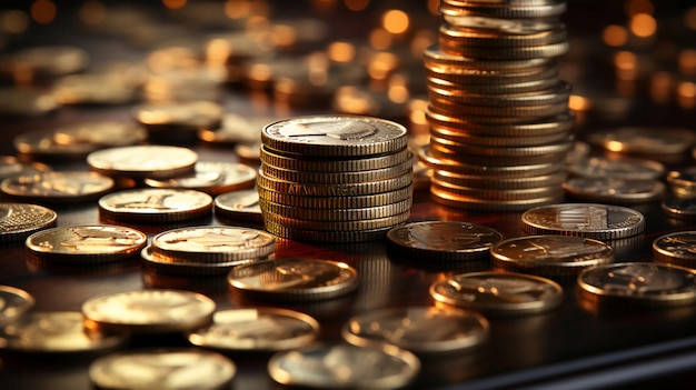 Monedas de oro y dinero están esparcidos sobre la mesa Concepto de riqueza y ahorro de dinero