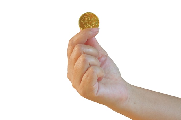 Monedas de oro dinero en mano sobre fondo