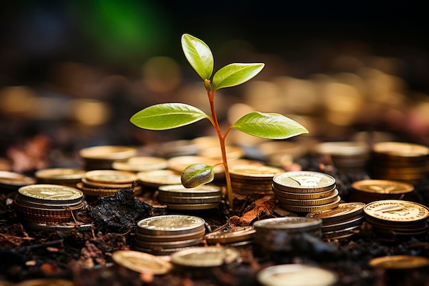 Monedas de oro y dinero en un montón de hojas verdes.