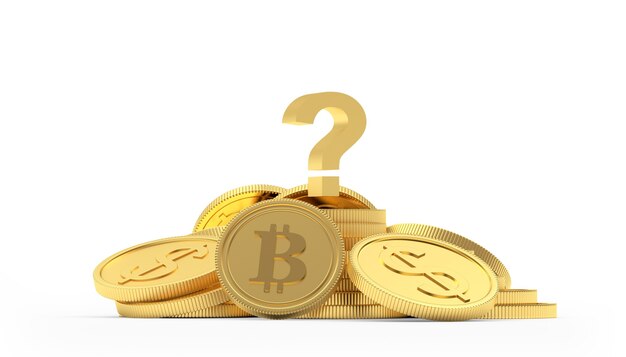 Monedas de oro dólar y bitcoin con signo de interrogación