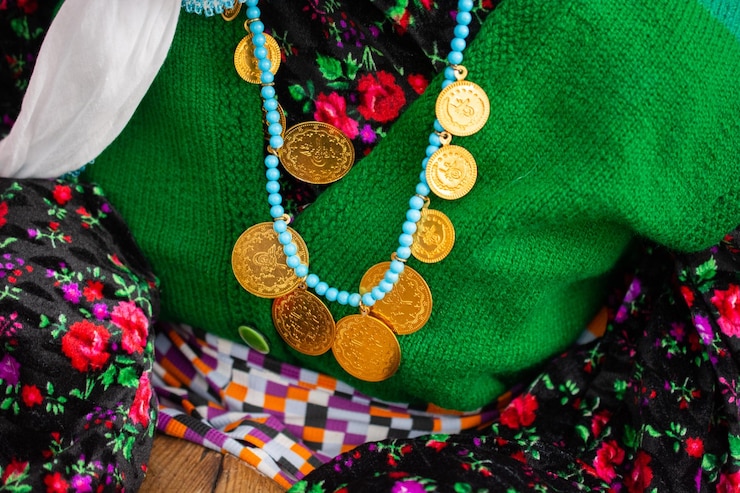 Foto monedas de oro de estilo otomano turco en una cuerda
