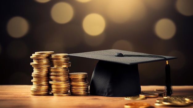 Monedas de oro y un gorro de graduación.