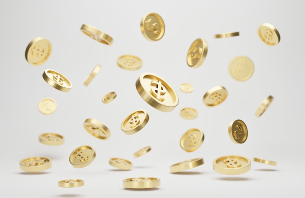 Monedas de oro con signo de dólar cayendo o volando aislado. Concepto de poke de jackpot o casino. Representación 3D.