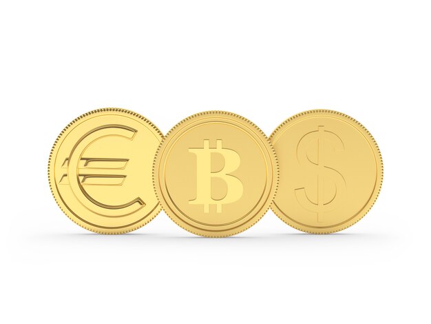 Monedas de oro con signos de dólar y euro y bitcoin