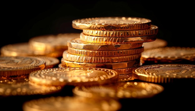 Foto monedas de oro sobre fondo negro fotografía realista generada por la ia