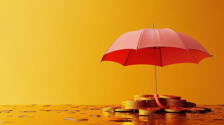 Monedas bajo un paraguas rojo en una superficie húmeda que simbolizan protección y seguridad financiera
