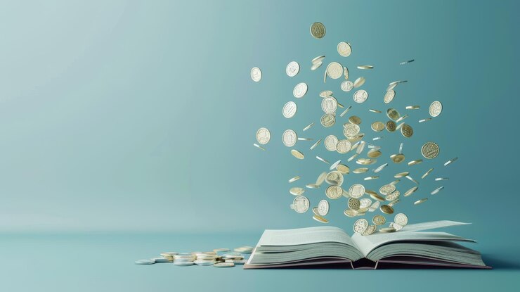 Monedas que surgen de un libro abierto sobre un fondo azul que simbolizan la educación financiera y las oportunidades