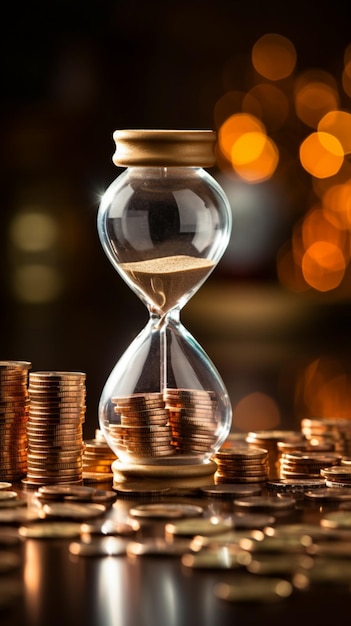 Monedas y un reloj de arena confrontan al empresario que denota la gestión del tiempo fiscal Wal móvil vertical