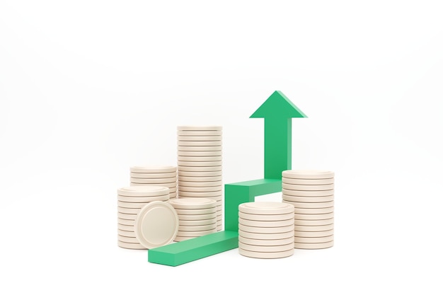 Monedas y símbolos financieros Crecimiento y concepto de inversión Renderización en 3D