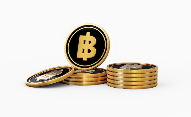 Monedas tailandesas de baht doradas y negras Monedas redondeadas apiladas sobre un fondo blanco Ilustración en 3D