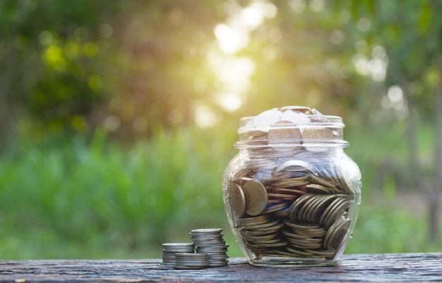 Monedas en el tarro en el fondo de la naturaleza, negocio de las finanzas del concepto, inversión de ahorro.