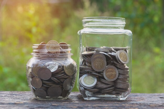 Monedas en vidrio y apilar monedas con árbol para negocios y temporada de impuestos.