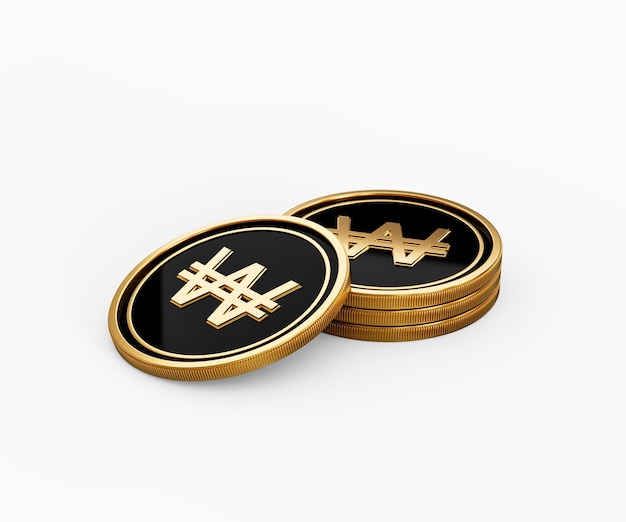 Monedas de won coreanas doradas y negras, monedas redondeadas apiladas sobre un fondo blanco, ilustración en 3D.