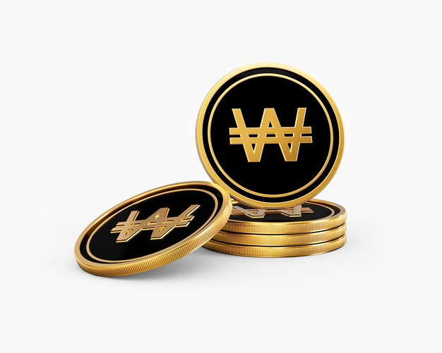 Monedas de won coreanas doradas y negras, monedas redondeadas apiladas sobre un fondo blanco, ilustración en 3D.