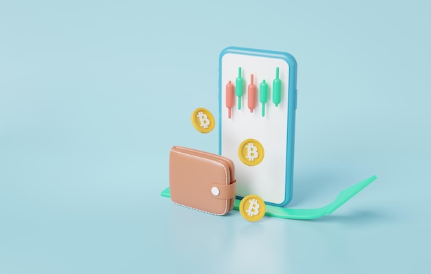 Monedero electrónico comercio de criptomonedas isométricas btc o bitcoin en la aplicación móvil e información de datos inversión concepto de comerciante de riesgo fondo azul suave dinero intercambio digital ilustración de renderizado 3d