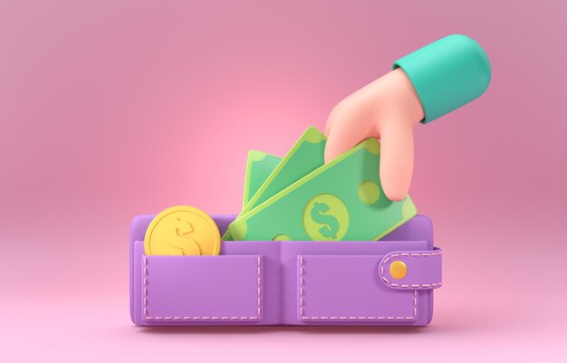 Monedero con ilustración 3d de dinero