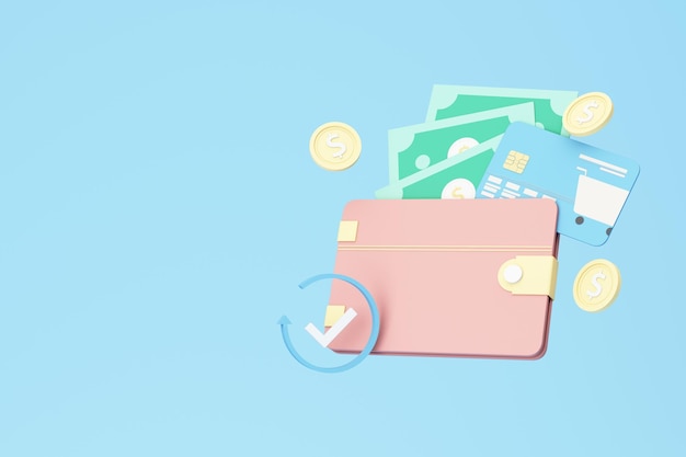 Monedero rosa y tarjeta de crédito con dinero en efectivo y monedas de oro flotando monedas sobre fondo azul pastel ahorro de dinero concepto de sociedad sin efectivo ilustración realista en 3d