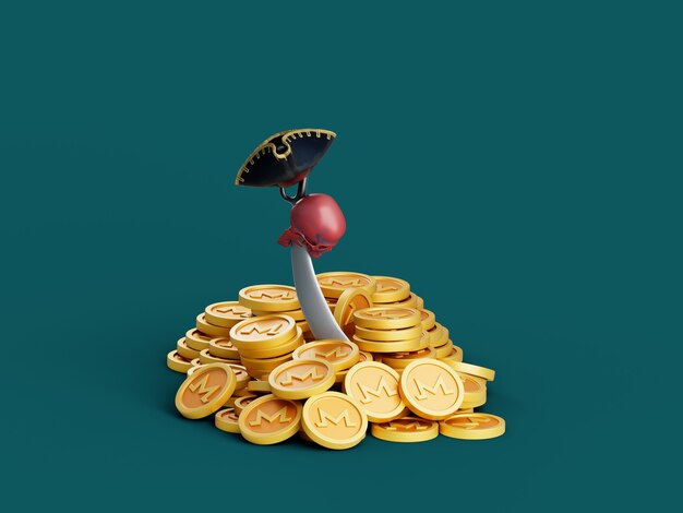 Monero Coin Pirate Hat Espada Crânio Crypto Moeda Ilustração 3D Render