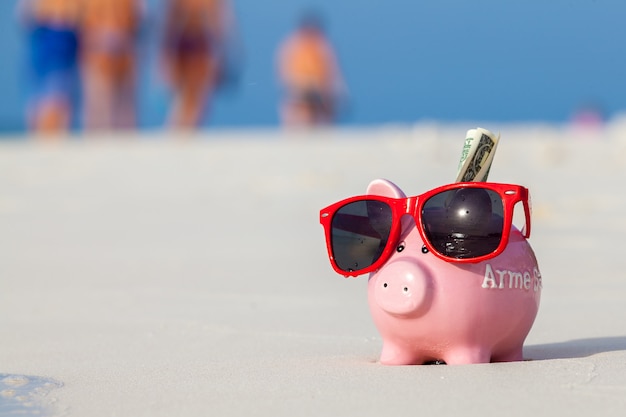 Moneybank de cerdo rosa en gafas de sol rojas en la playa