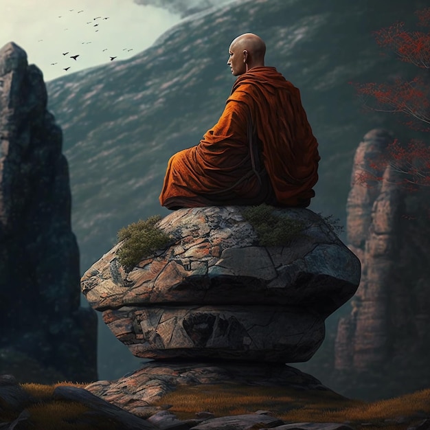 Foto monge budista em roupas laranja tradicionais senta-se em uma pose de lótus em uma grande pedra e medita