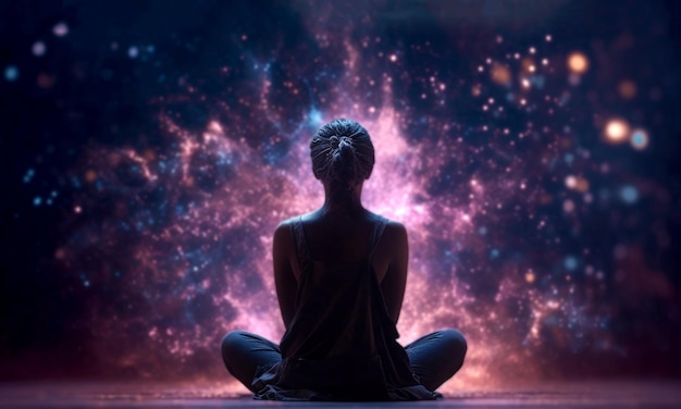 Monge budista observando o universo sentado em posição de lótus para meditar galáxia e estrelas