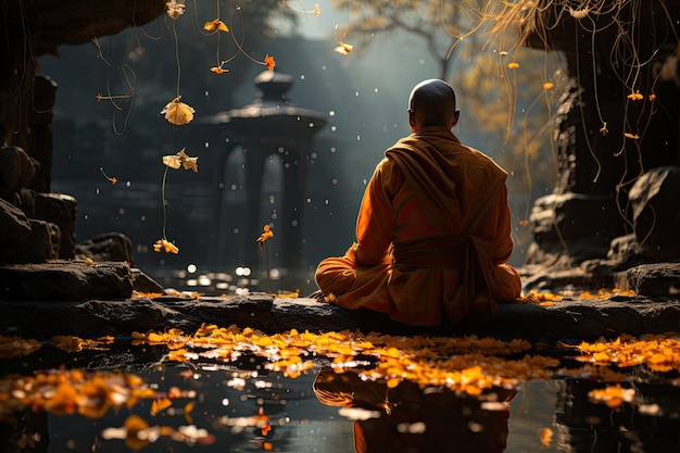 Monge meditando em um jardim sereno ao entardecer, cercado pela natureza generativa IA