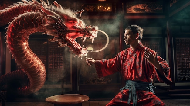 Foto monge vermelho e dragão ia generativa