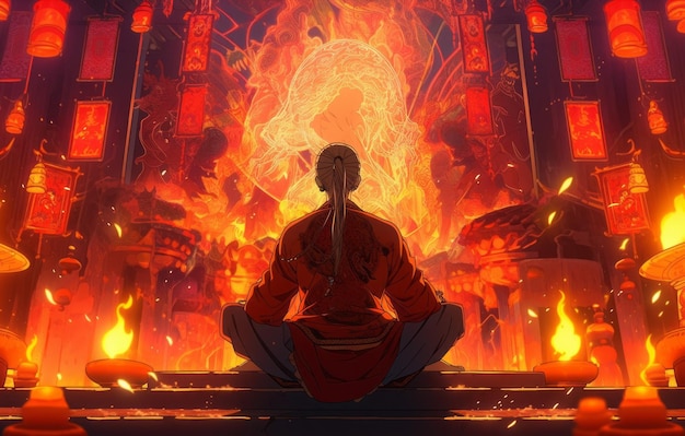 Monge Zen em pose de lótus de ioga com chamas e relâmpagos IA generativa