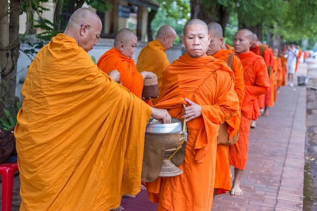 Monges Laos caminha no início da manhã para receber oferta de alimentos ao longo da rua em Luang P