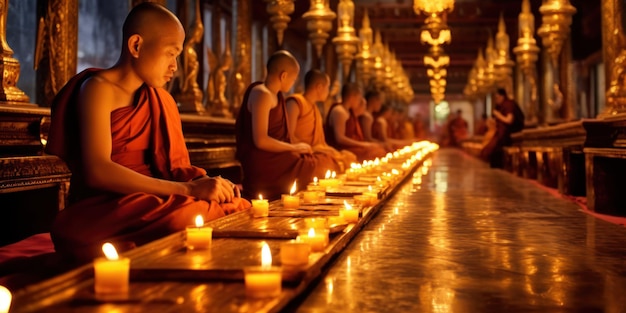 Monges sentados em um templo com velas acesas