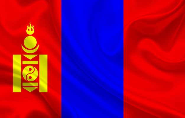 Mongolei-Landesflagge auf gewelltem Seidenstoff-Hintergrundpanorama - Illustration