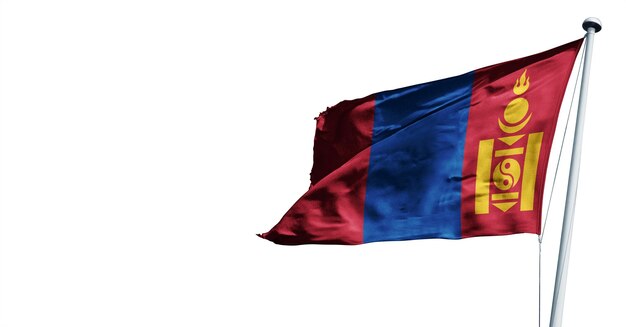 Mongolei winkende 3D-Render-Flagge auf blauem Himmelshintergrund. - Bild