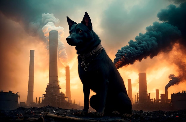 Mongrel no fundo da indústria poluidora Pobre cachorro andando com ar envenenado Generative AI