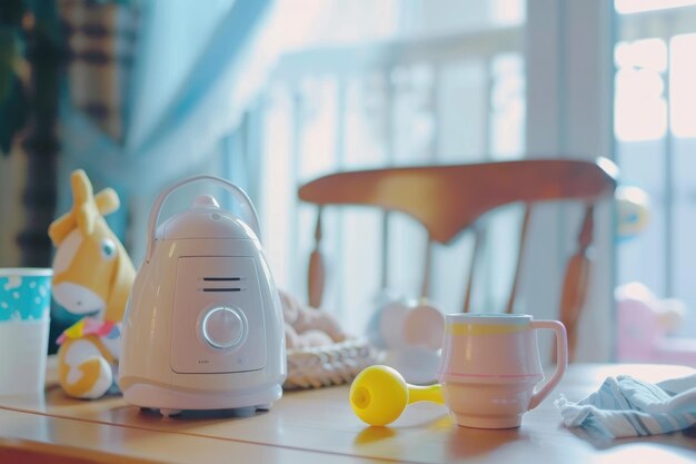 Foto el monitor de bebé, el cascabel y la taza de beber en la mesa de la habitación, la niñera de la radio.