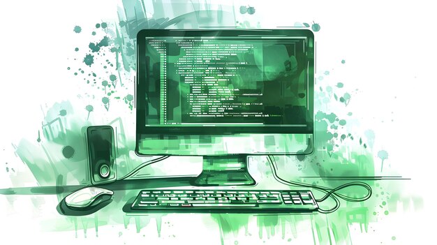 Monitor de codificación de acuarela minimalista para el desarrollo de software digital