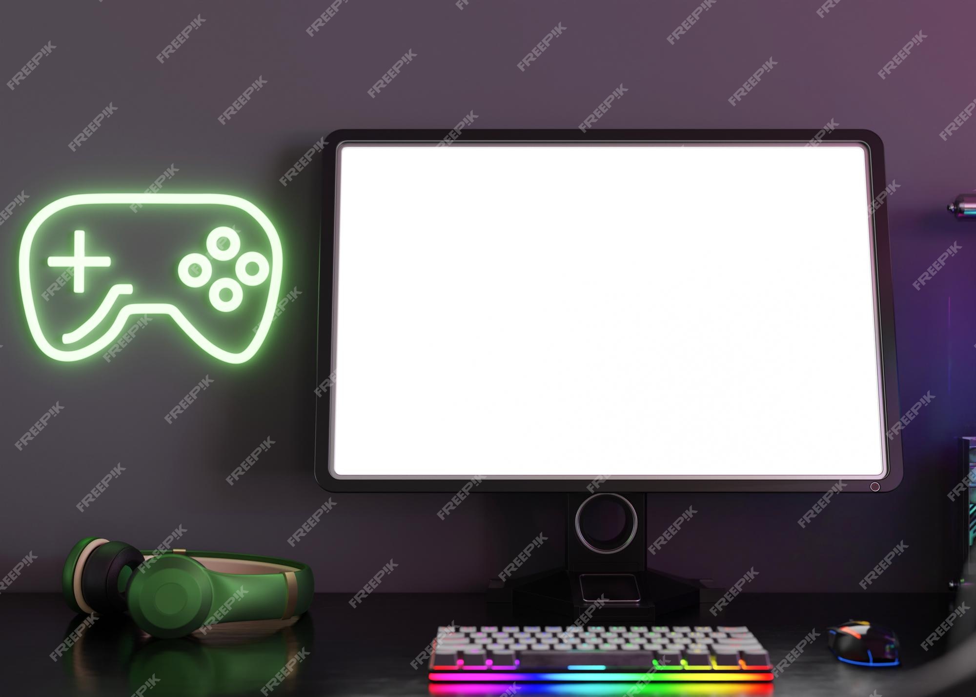 Monitor com tela branca em branco jogos em casa simulação de computador  copiar espaço para apresentação do site do jogo de aplicativo tela vazia  interior moderno luzes de neon local do jogador