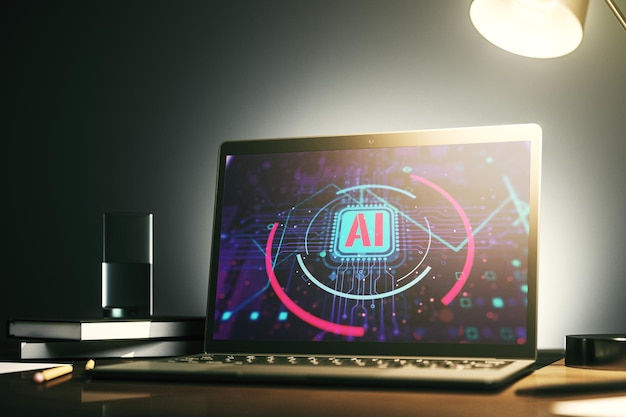 Monitor de computadora con abreviatura de inteligencia artificial creativa Tecnología futura y concepto de IA Representación 3D