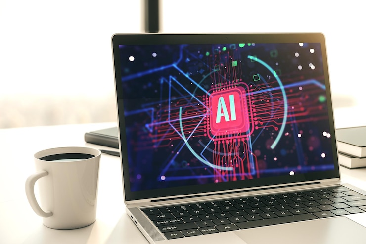 Foto monitor de computadora con abreviatura de inteligencia artificial creativa tecnología futura y concepto de ia representación 3d