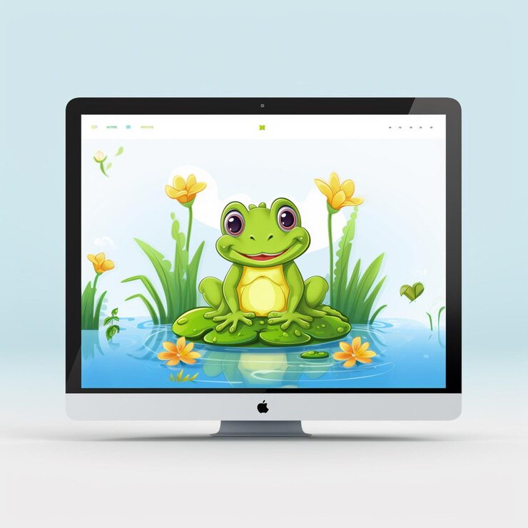 Foto monitor de computadora arafed con una rana sentada en un lirio generativo ai